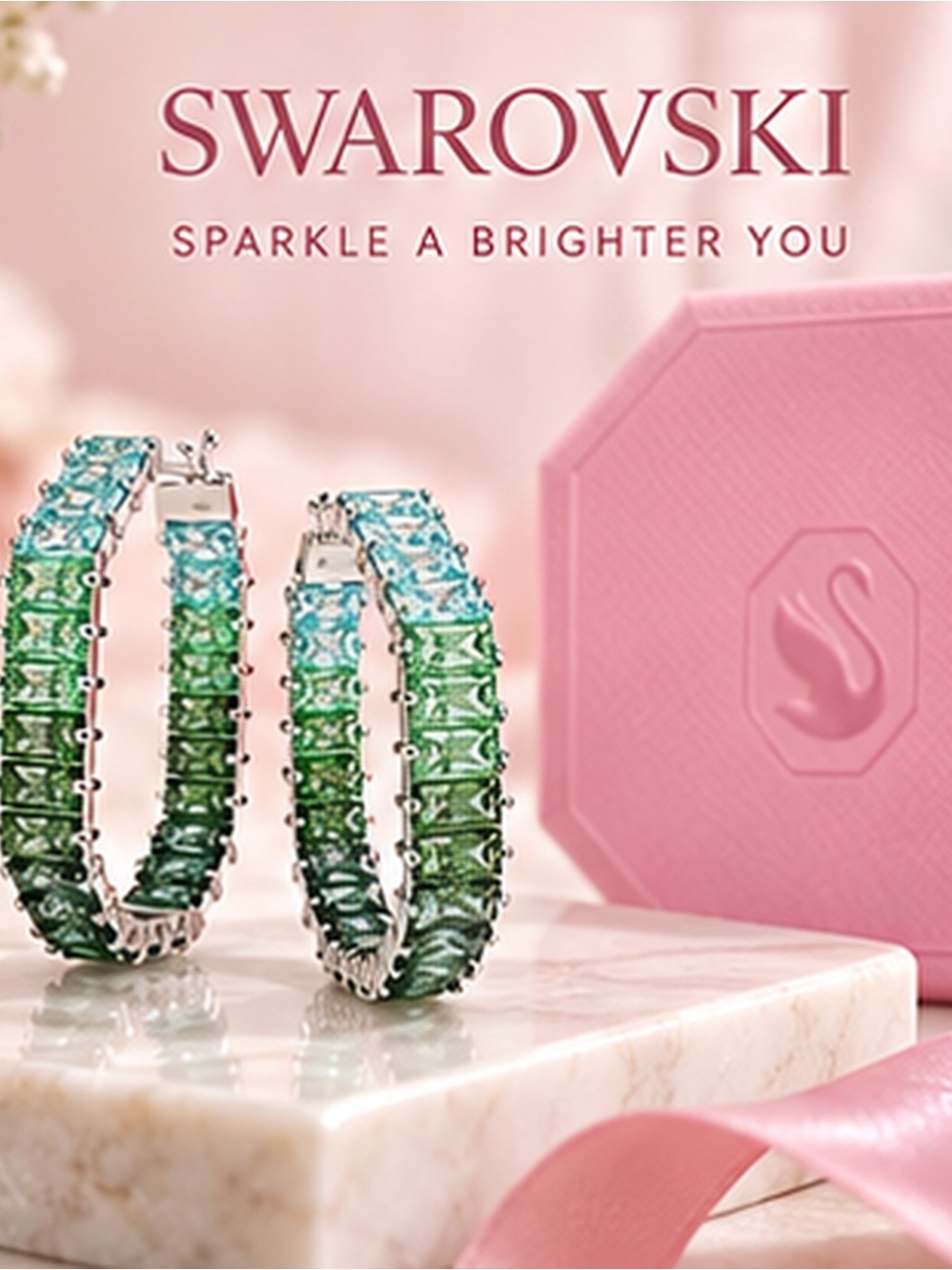 Swarovski Aqua Green Crystal Geometric Hoop Earrings with Pink Gift Box